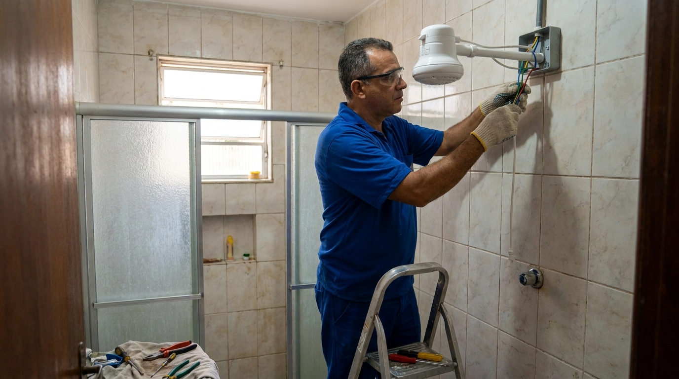 Eletricista instalando chuveiro eletrico em Santa Maria‑RS