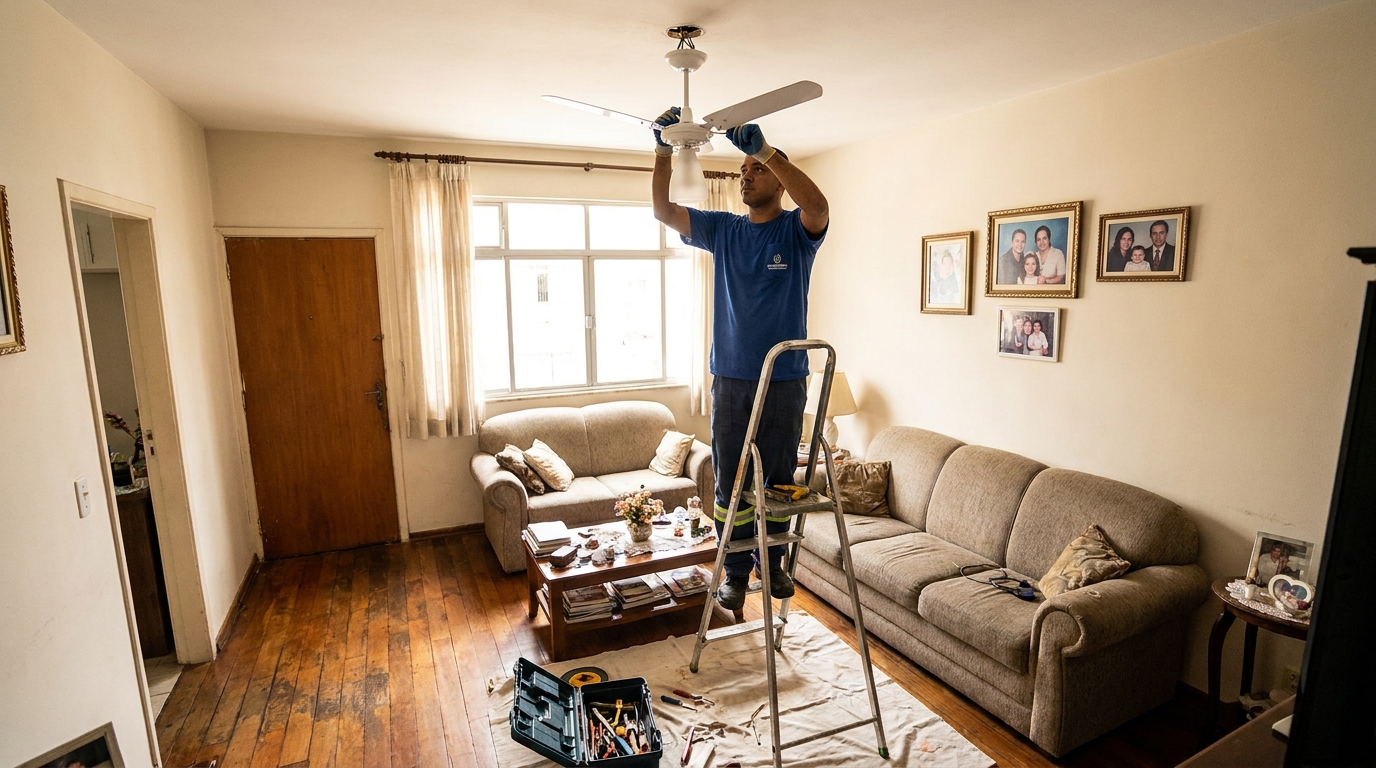 Eletricista instalando ventilador de teto em Santa Maria‑RS